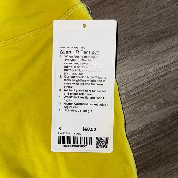 NWT Lululemon Athletica Yellow Align HR Pant 28" - Picture 4 of 4